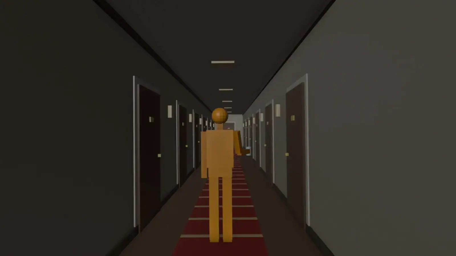 Grey Blender previz of the same corridor shot with a blocking mannequin.