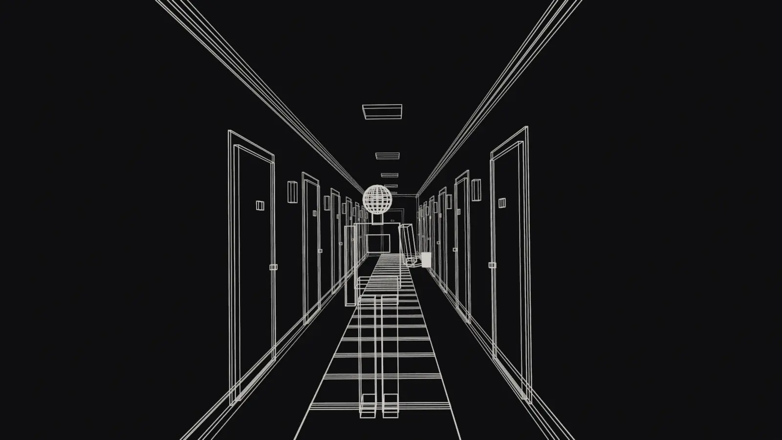Wireframe of the corridor set from the scene camera.